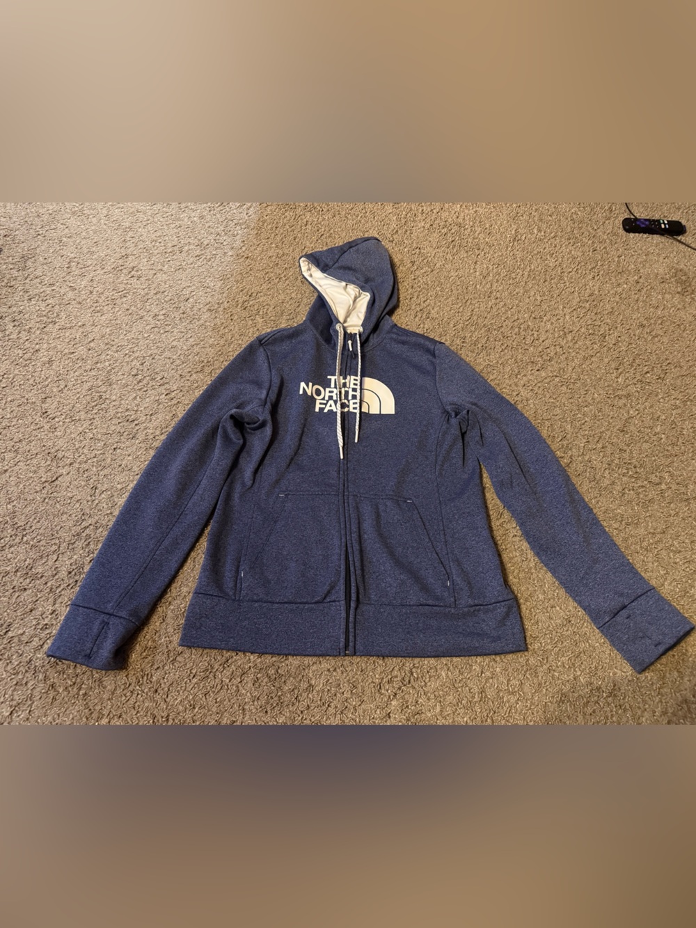 Med North Face blue zip up hoodie